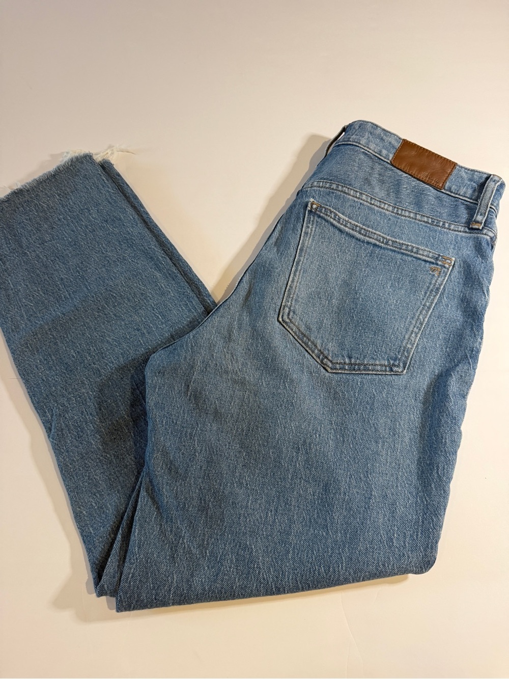 Madewell Straight Leg Jeans in Medium Blue with Brown Patch